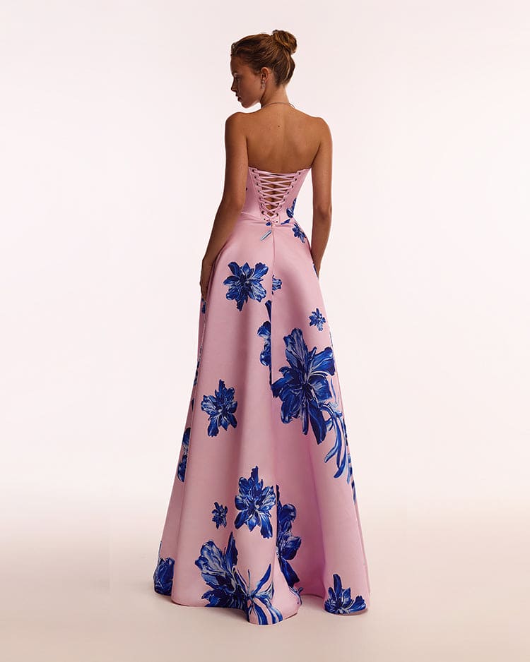 Dainty pink A line maxi dress with blue flowered pattern Glow Up