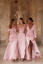 Elegant misty rose off the shoulder silk maxi dress
