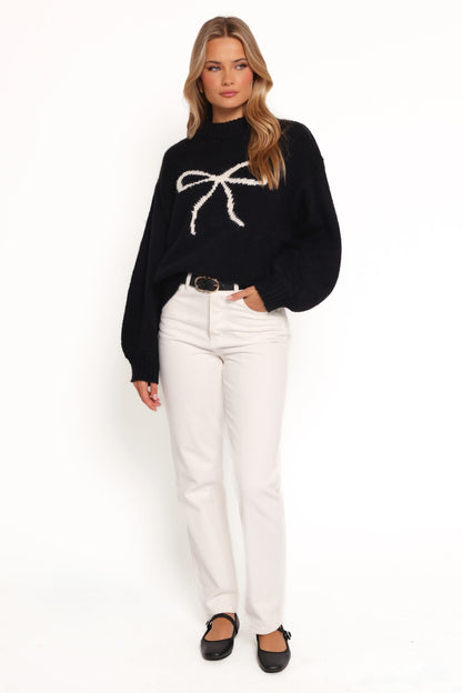 Cecelia Bow Print Mock Neck Knit Sweater Black