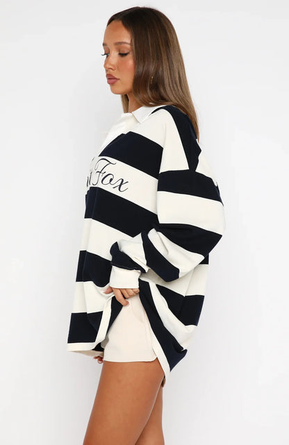 My Reality Striped Long Sleeve Rugby Shirt Navy Cream Stripe