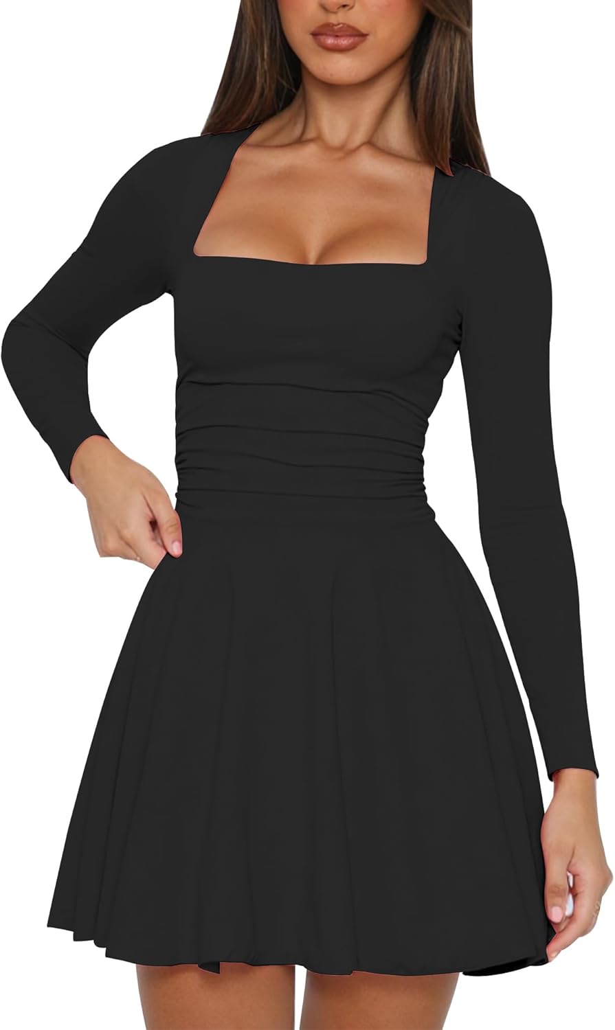 Square Neck Long Sleeve Mini Dress Ruffle Hem Corset Short Party Club Dresses
