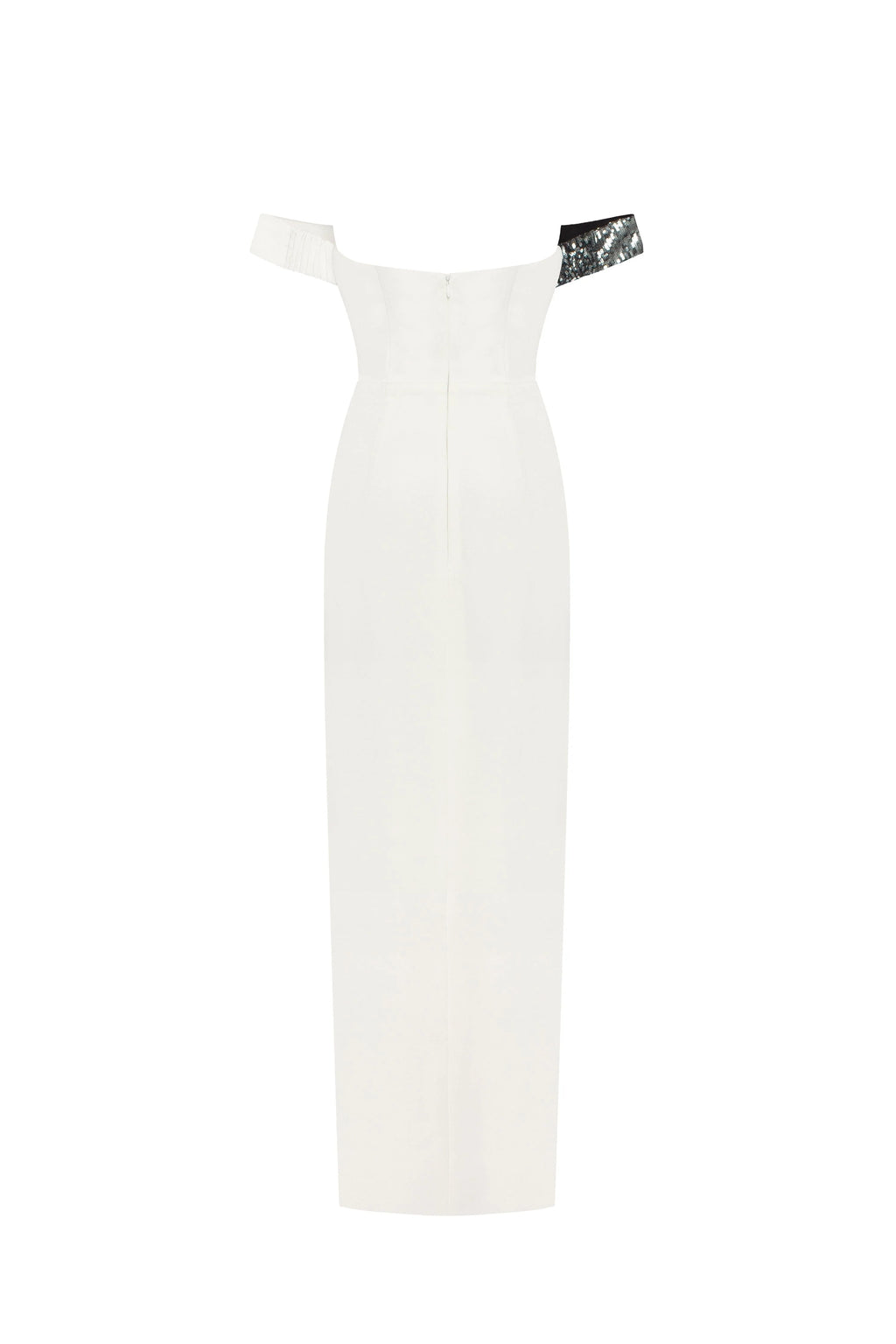 Noteworthy white satin maxi gown covered in silver sequins Xo Xo