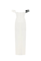 Noteworthy white satin maxi gown covered in silver sequins Xo Xo