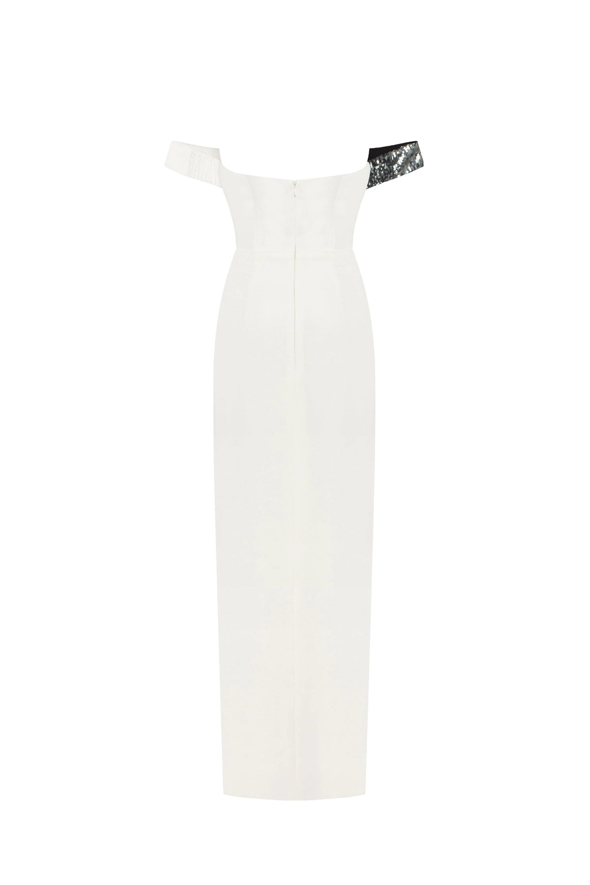 Noteworthy white satin maxi gown covered in silver sequins Xo Xo
