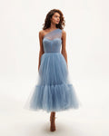 Light Blue One Shoulder Cocktail Tulle Dress