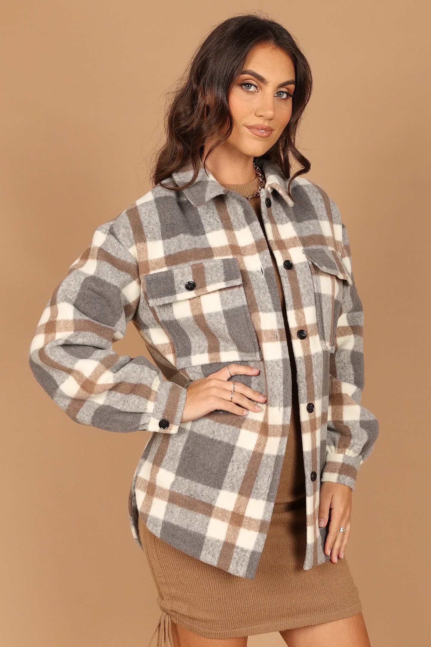 Alex Double Breasted Pocket Shacket Grey Check