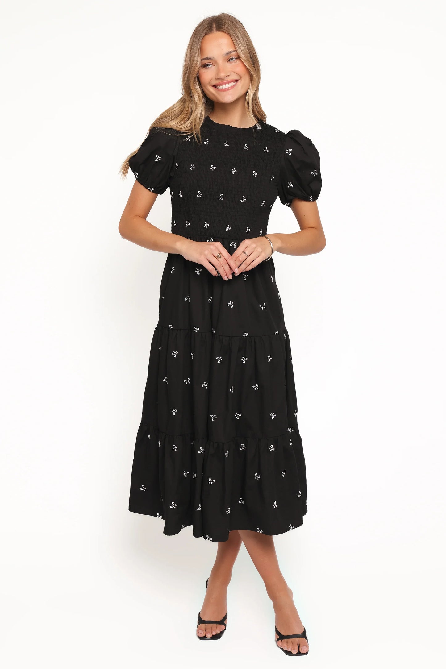 Naura Shirred Tiered Midi Dress Black Bow