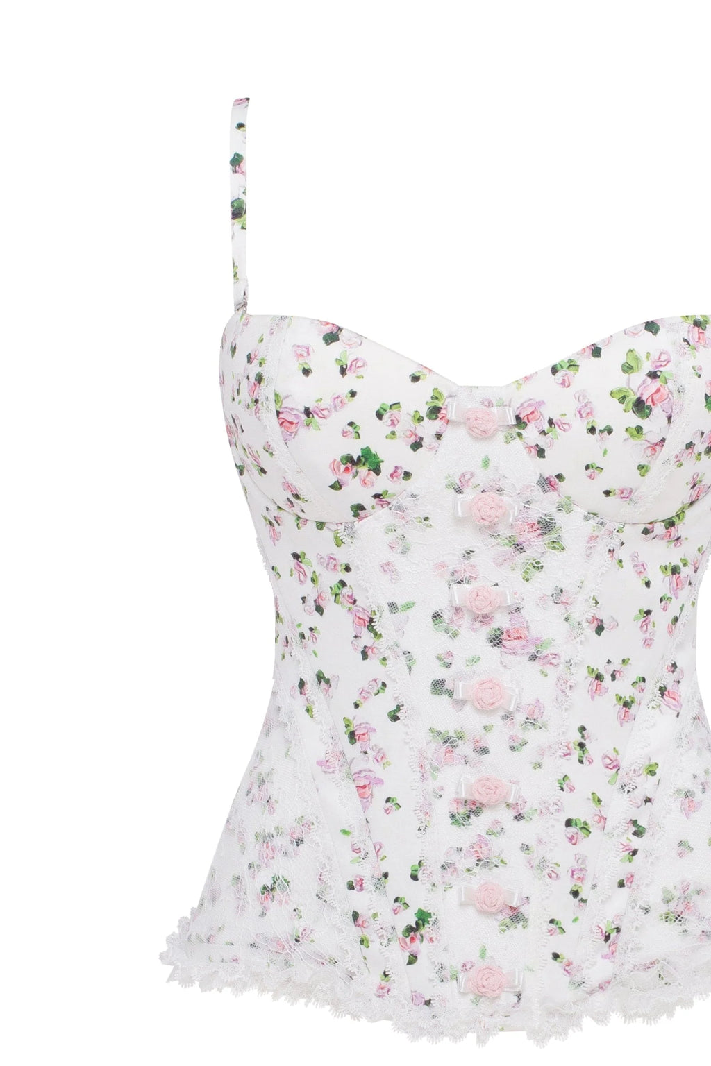 Romantic apple blossom corset with rosebud appliques