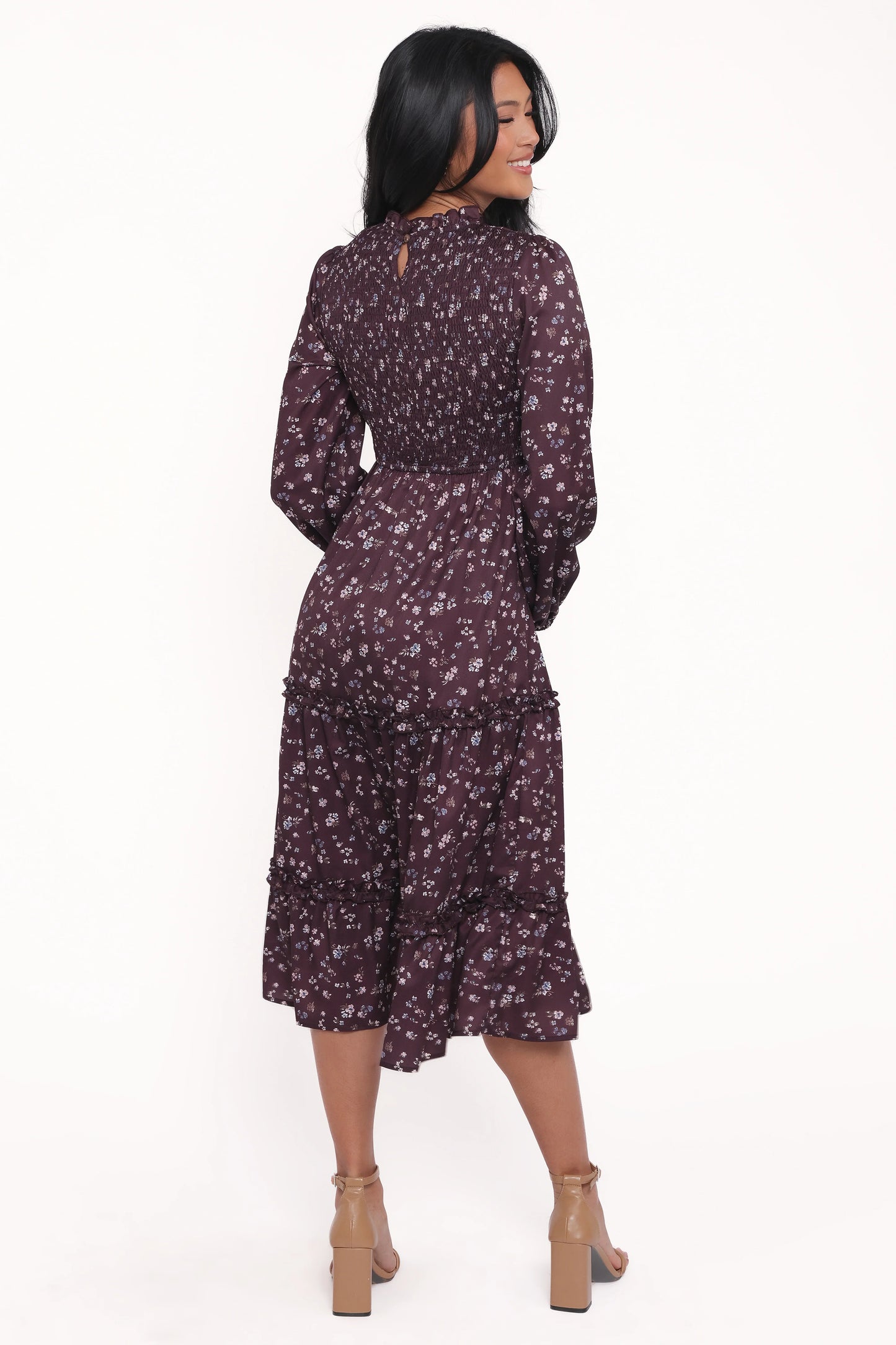 Edwina Shirred Frill Long Sleeve Midi Dress Plum Floral