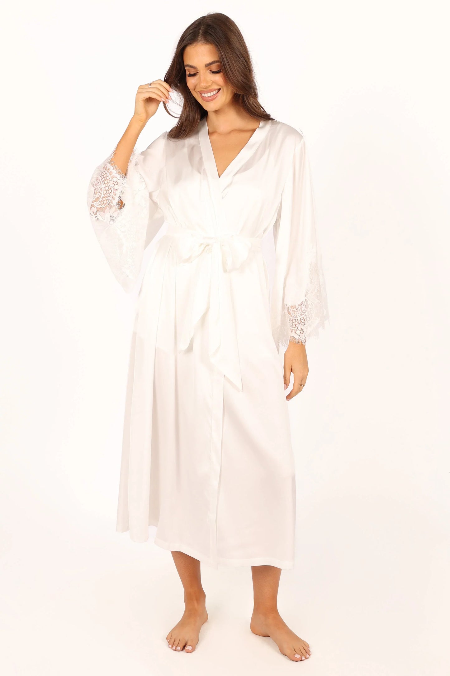 Darani Full Length Lace Trim Robe Ivory