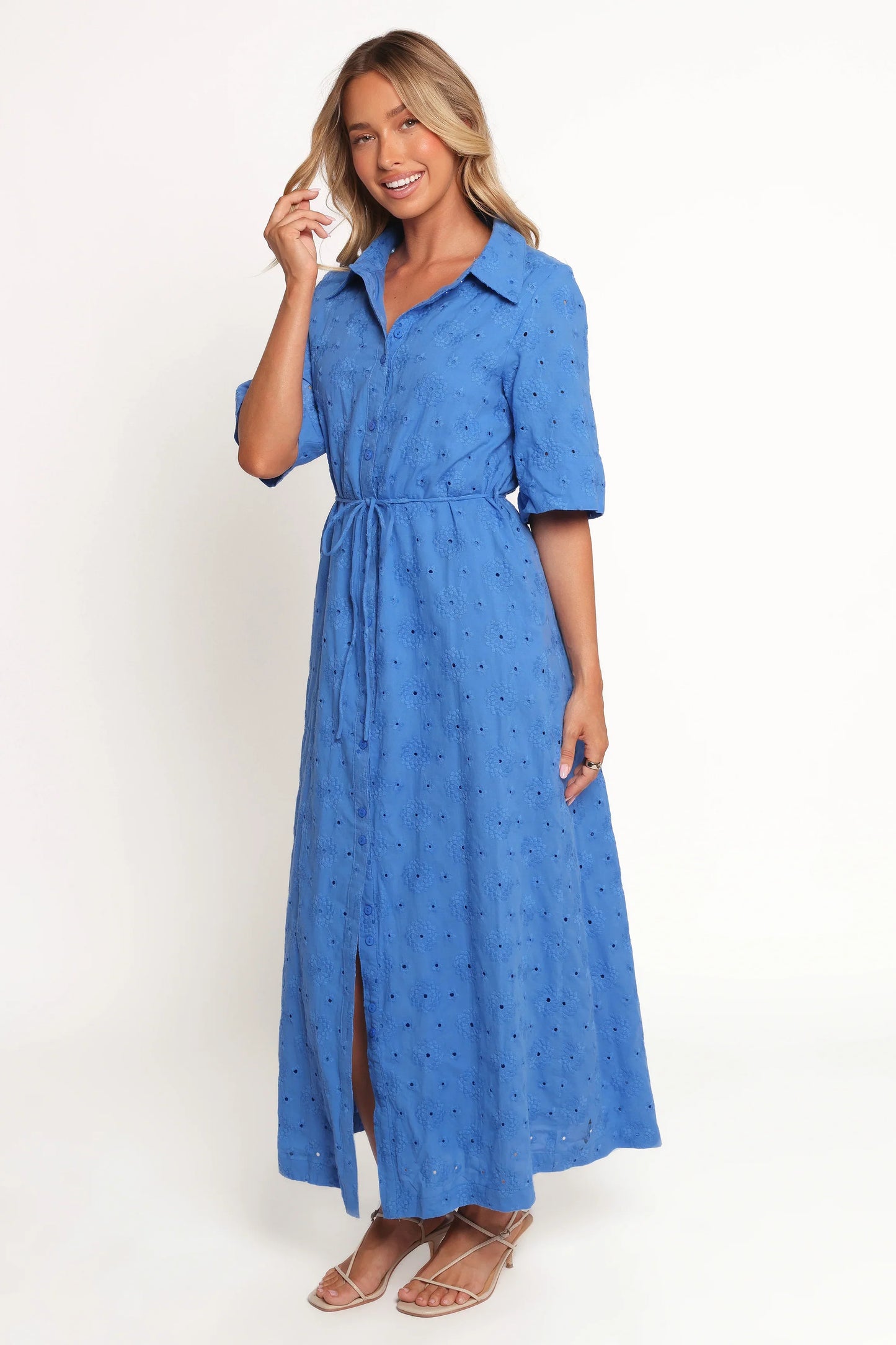 Cooper Embroidered Button Through Midi Dress Cobalt