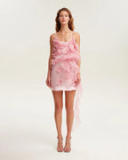Romantic ruffled pink mini dress with rose appliques Garden of Eden