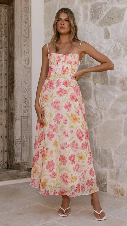 Rahima Maxi Dress Pink Yellow Flower
