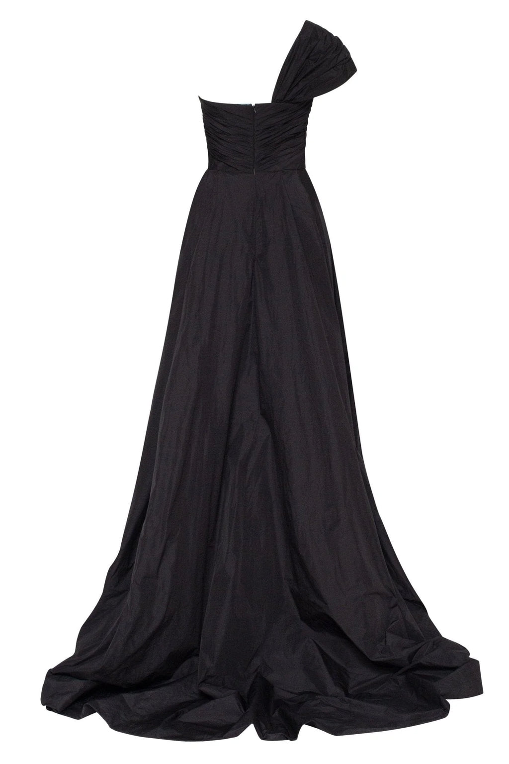 Black taffeta evening gown with a high slit and one shoulder wrap top
