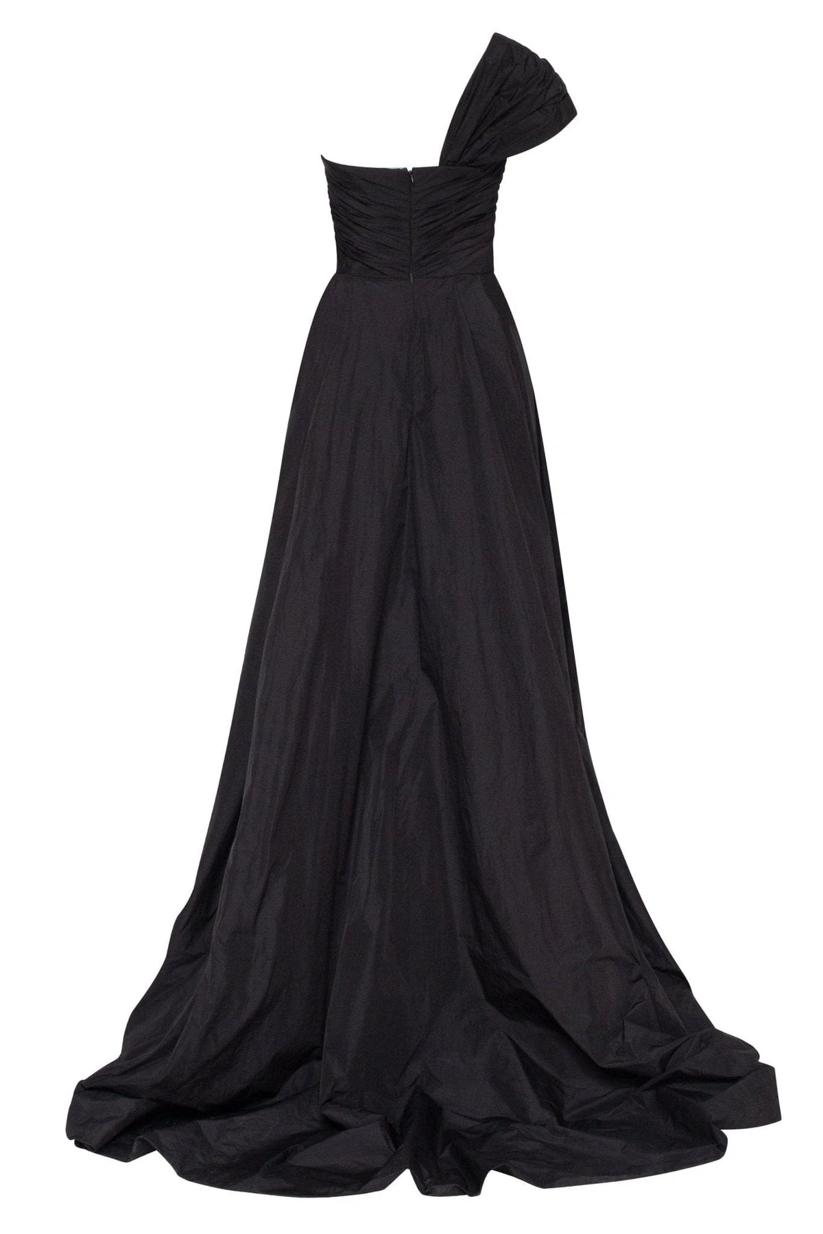 Black taffeta evening gown with a high slit and one shoulder wrap top