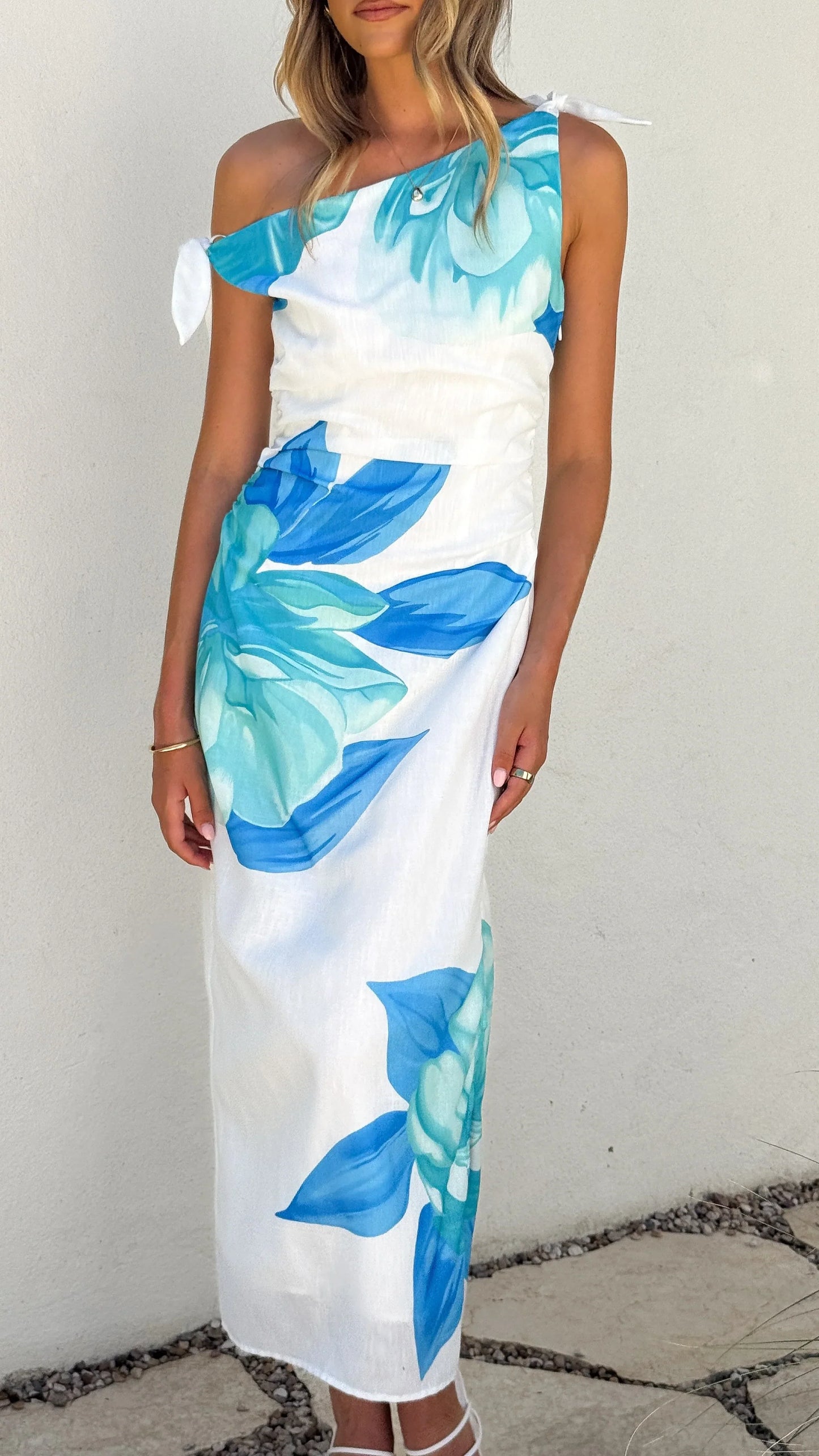 Maisy Shoulder Tie Midi Dress Blue Teal