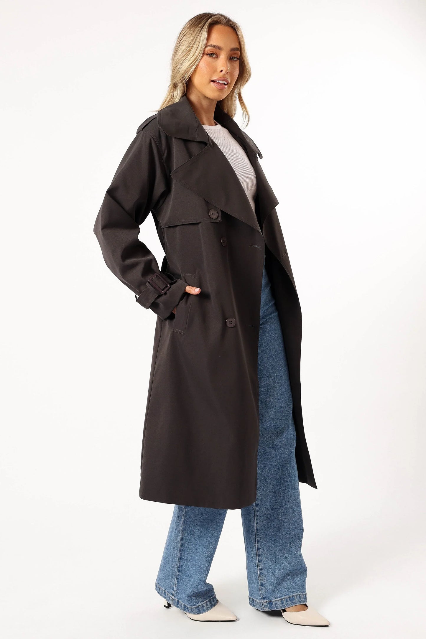 Billy Button Front Trench Coat Charcoal