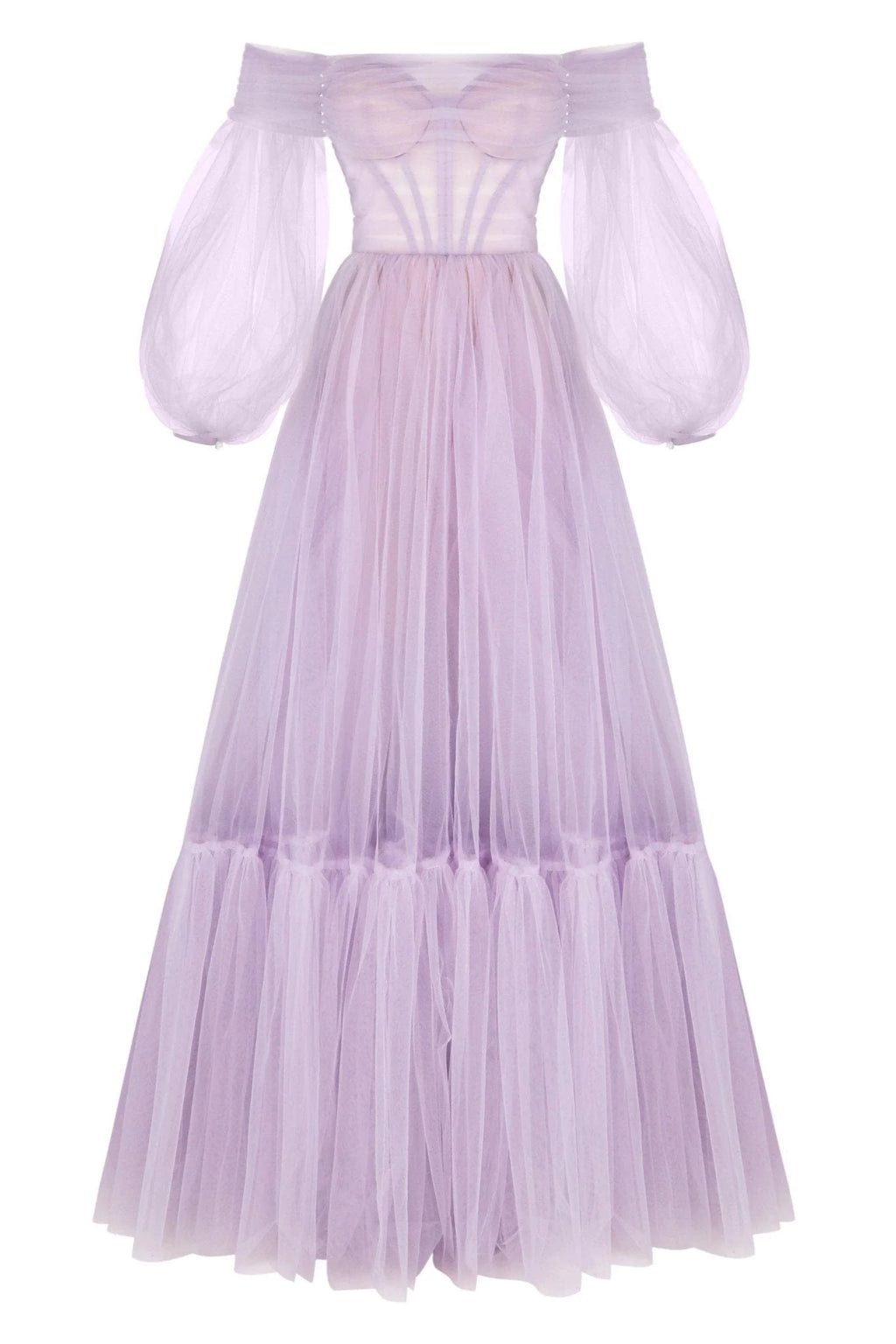 Lavender Sheer Sleeves Maxi Tulle Dress
