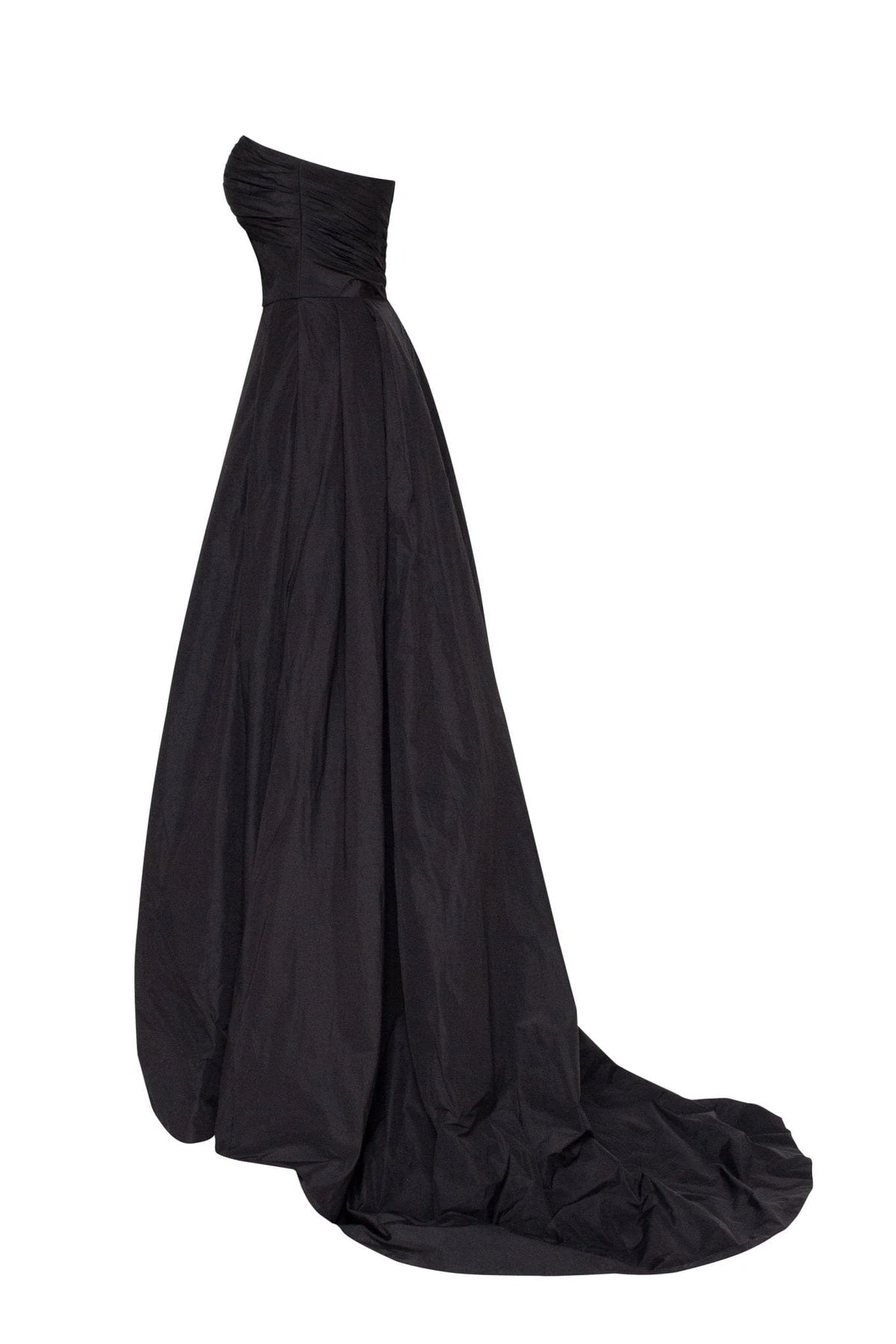 Black taffeta evening gown with a high slit and one shoulder wrap top