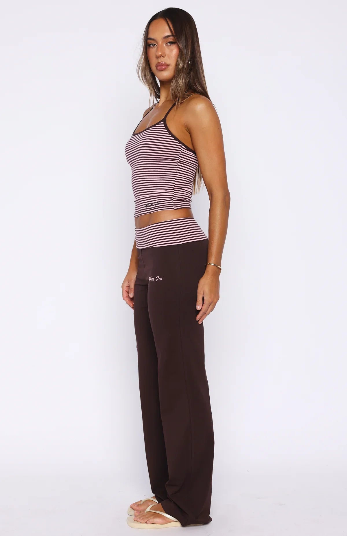 Lucky Charm Fold Over Pants Choc Pink Stripe
