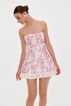 Strapless pink sakura mini dress with accent lacing