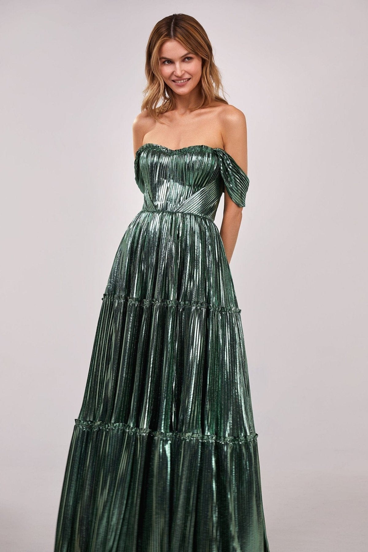 Emerald Green Shiny maxi evening dress with an off the shoulder neckline