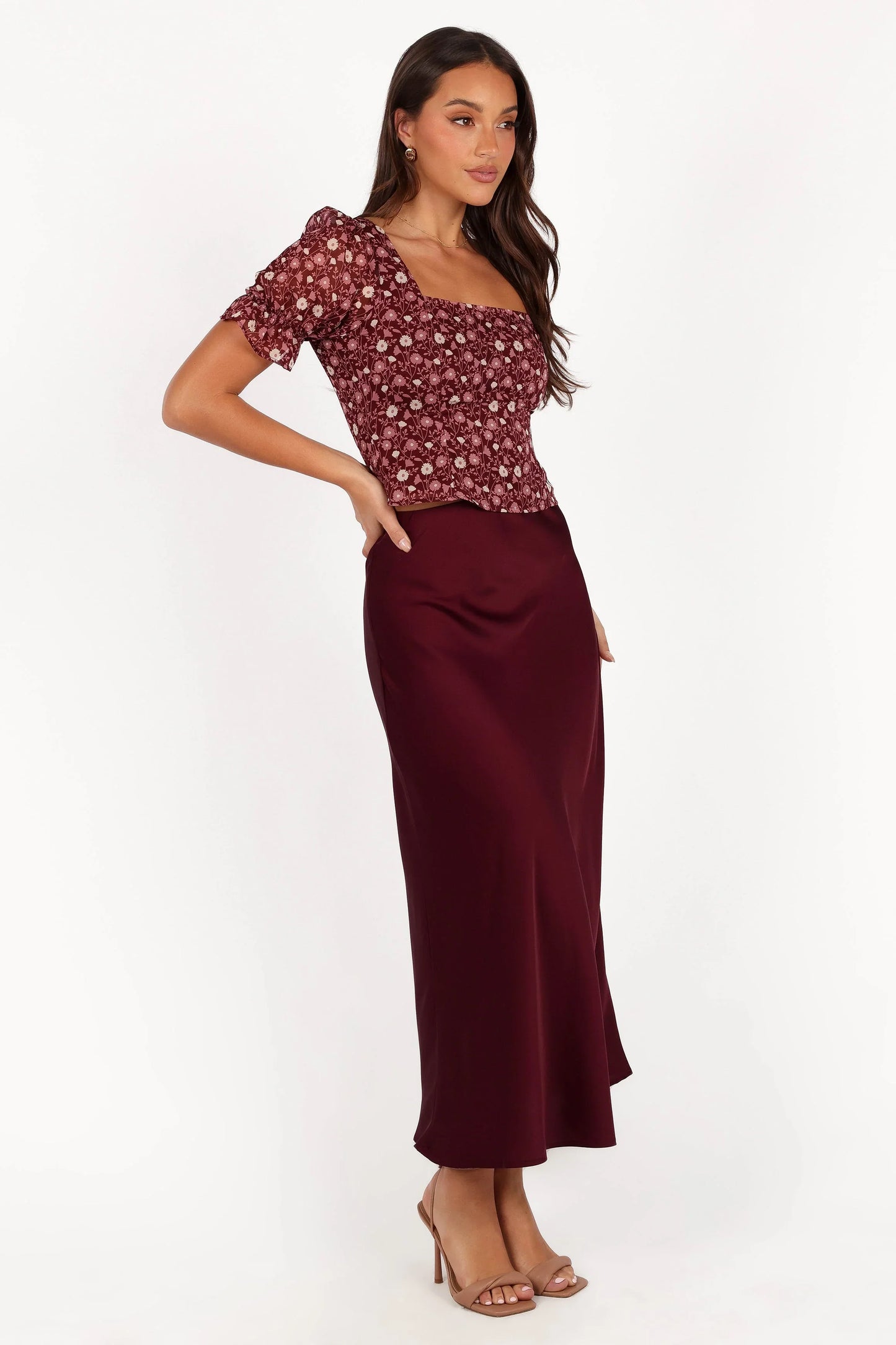Nellie Satin Midi Skirt Burgundy