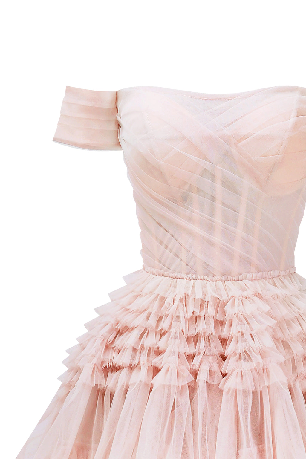 Misty Rose Off The Shoulder Frill Layered Gown