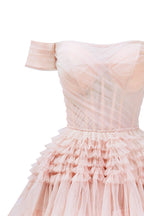 Misty Rose Off The Shoulder Frill Layered Gown