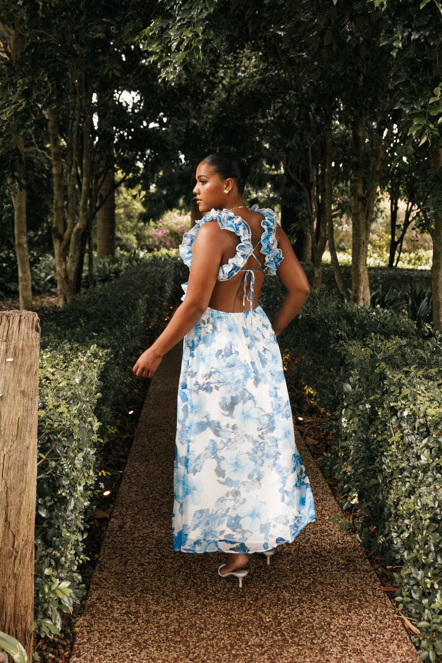 Lucah Frill Shoulder Maxi Dress Blue White Floral