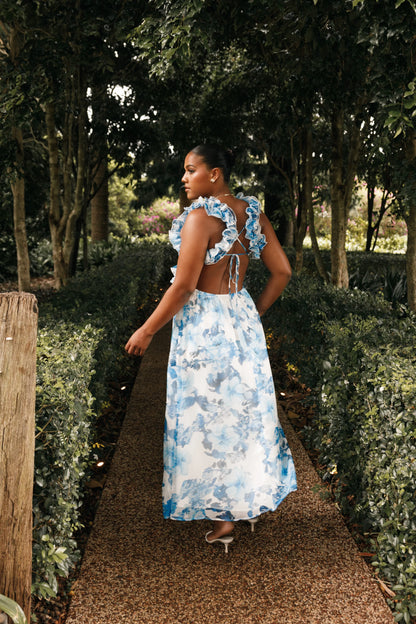 Lucah Frill Shoulder Maxi Dress Blue White Floral