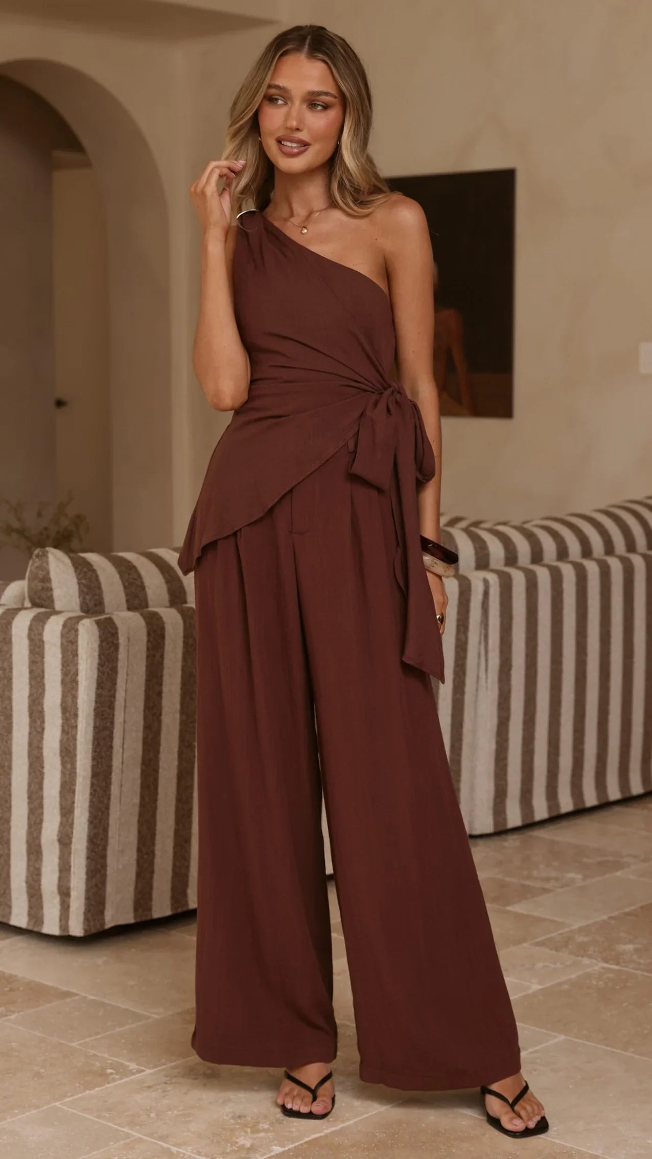 Leela One Shoulder Top and Pants Set Brown