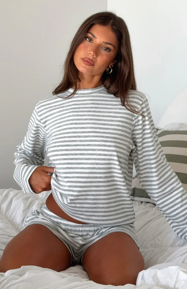 Slow Life Long Sleeve Pyjama Top Grey White Stripe