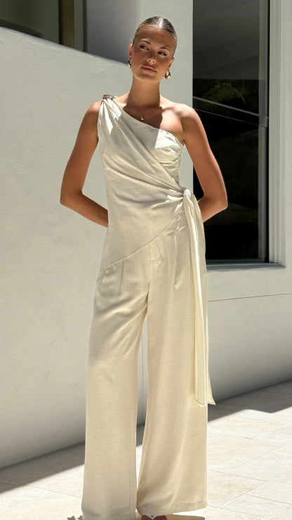 Leela One Shoulder Top and Pants Set Beige