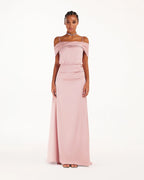 Elegant misty rose off the shoulder silk maxi dress