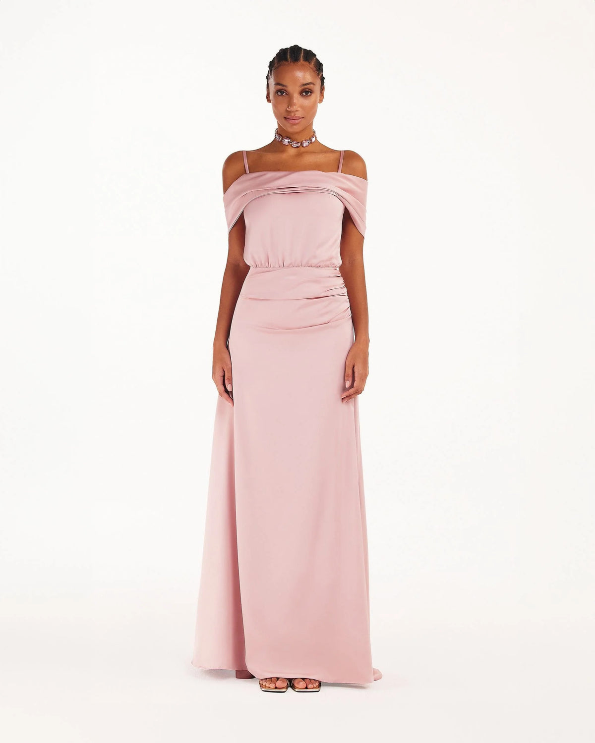 Elegant misty rose off the shoulder silk maxi dress
