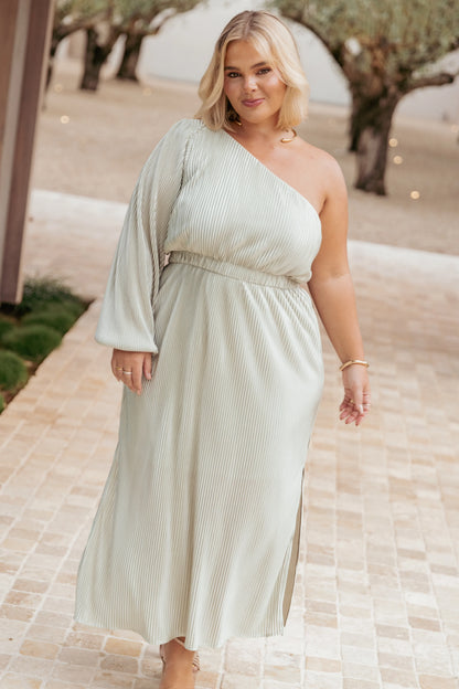 Pontee One Shoulder Pleated Midi Dress Sage Green
