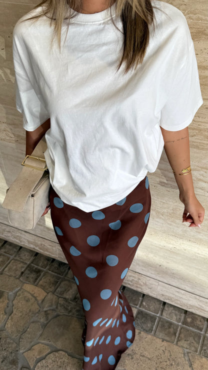 Yumi Oversized Tee and Sheer Skirt Set White Brown Blue Polka