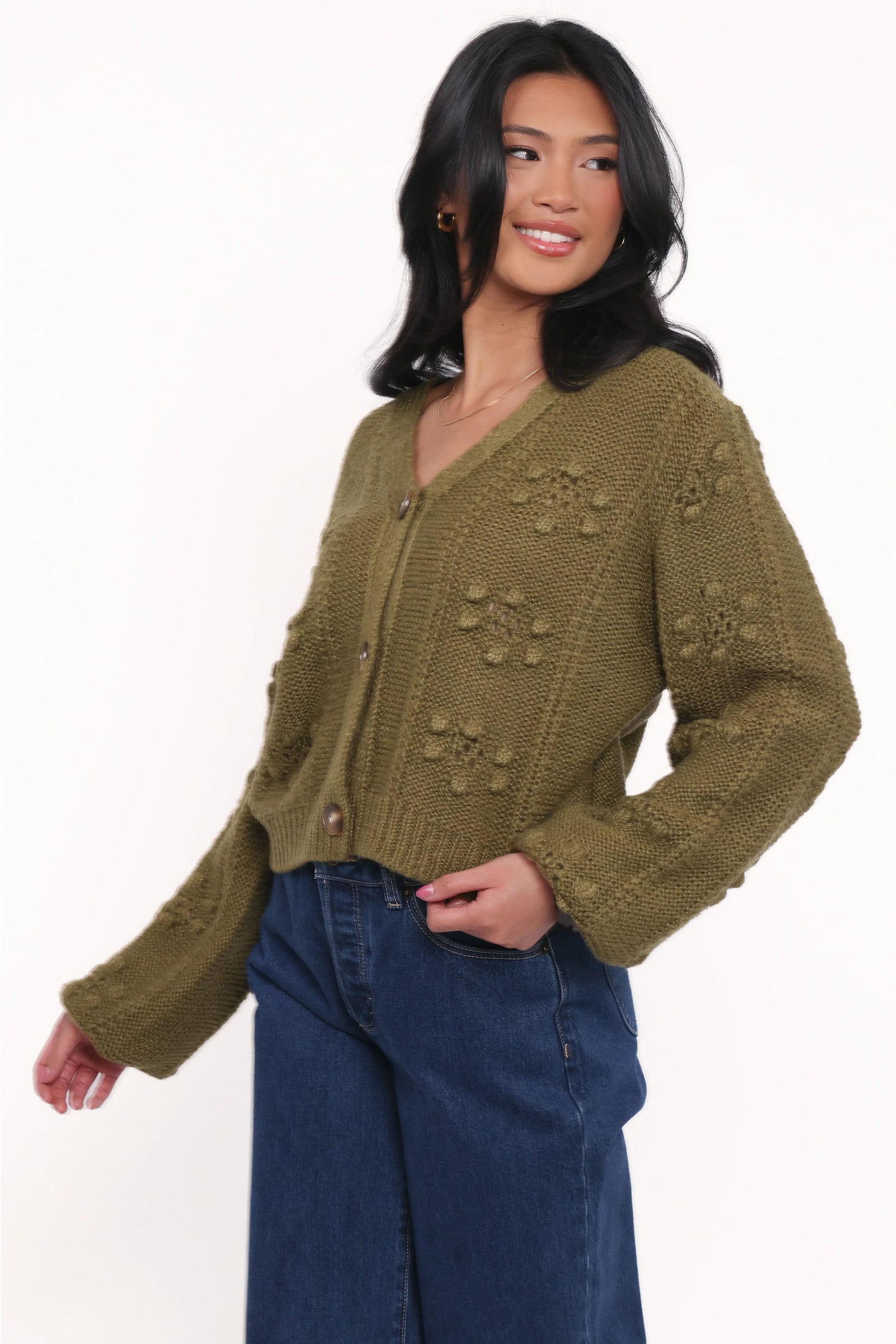 Melody Textured Button Up Cardigan Olive