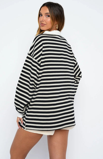 Out Again Long Sleeve Rugby Shirt Black Grey Stripe