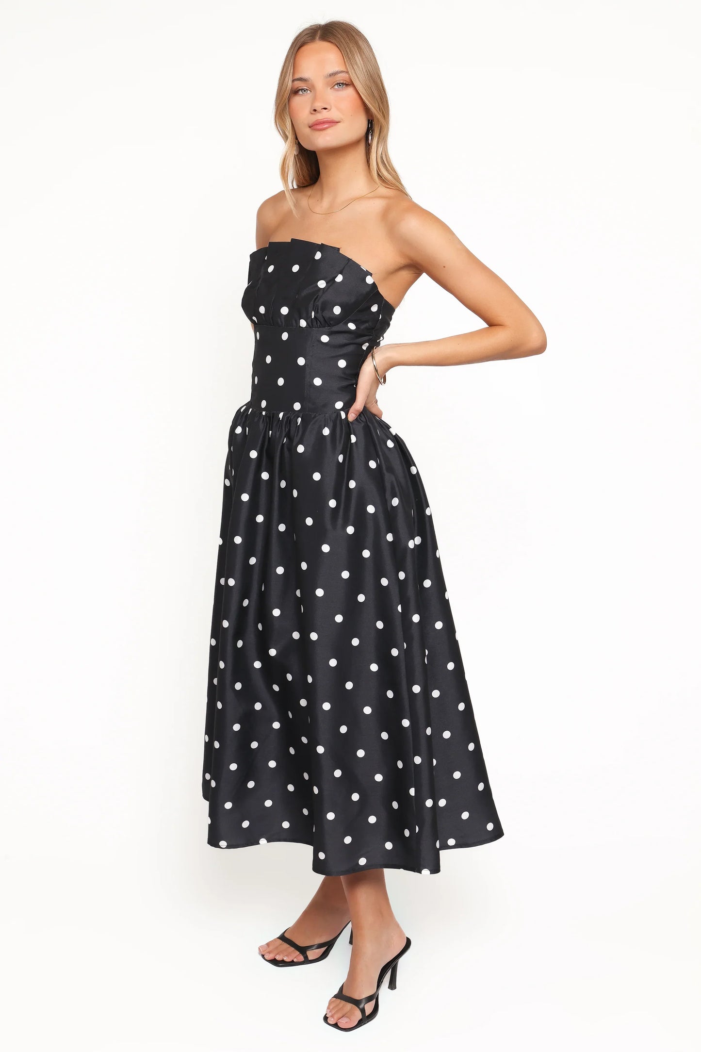 Kimbra Strapless Midi Dress Black Polka Dot