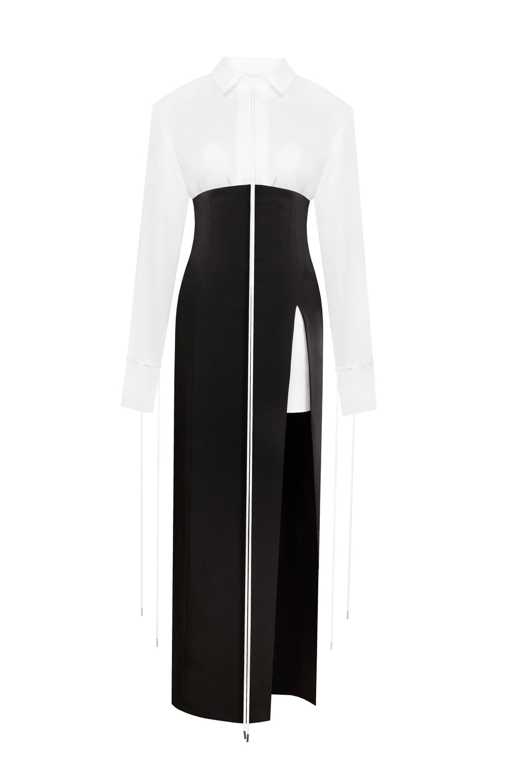 Elegant 3 piece set with white silk blouse white mini skirt and black crepe maxi skirt Xo Xo