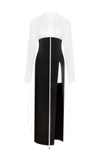 Elegant 3 piece set with white silk blouse white mini skirt and black crepe maxi skirt Xo Xo