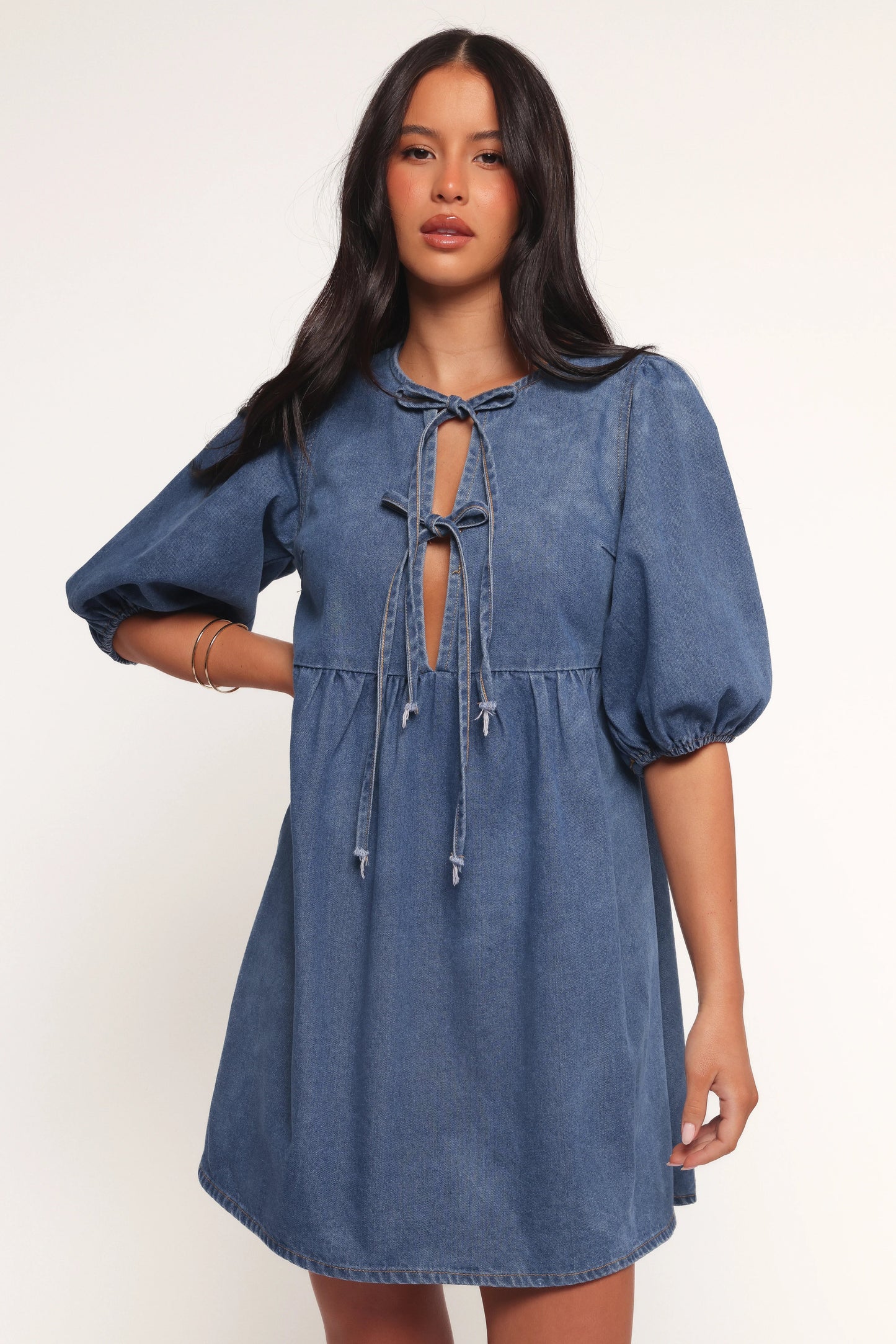 Romana Tie Front Mini Dress Dark Denim