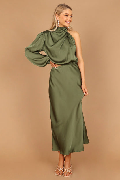 Amelie One Shoulder Midi Dress Olive
