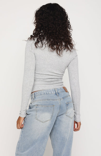 Serenade Her Ribbed Long Sleeve Top Light Grey Marle