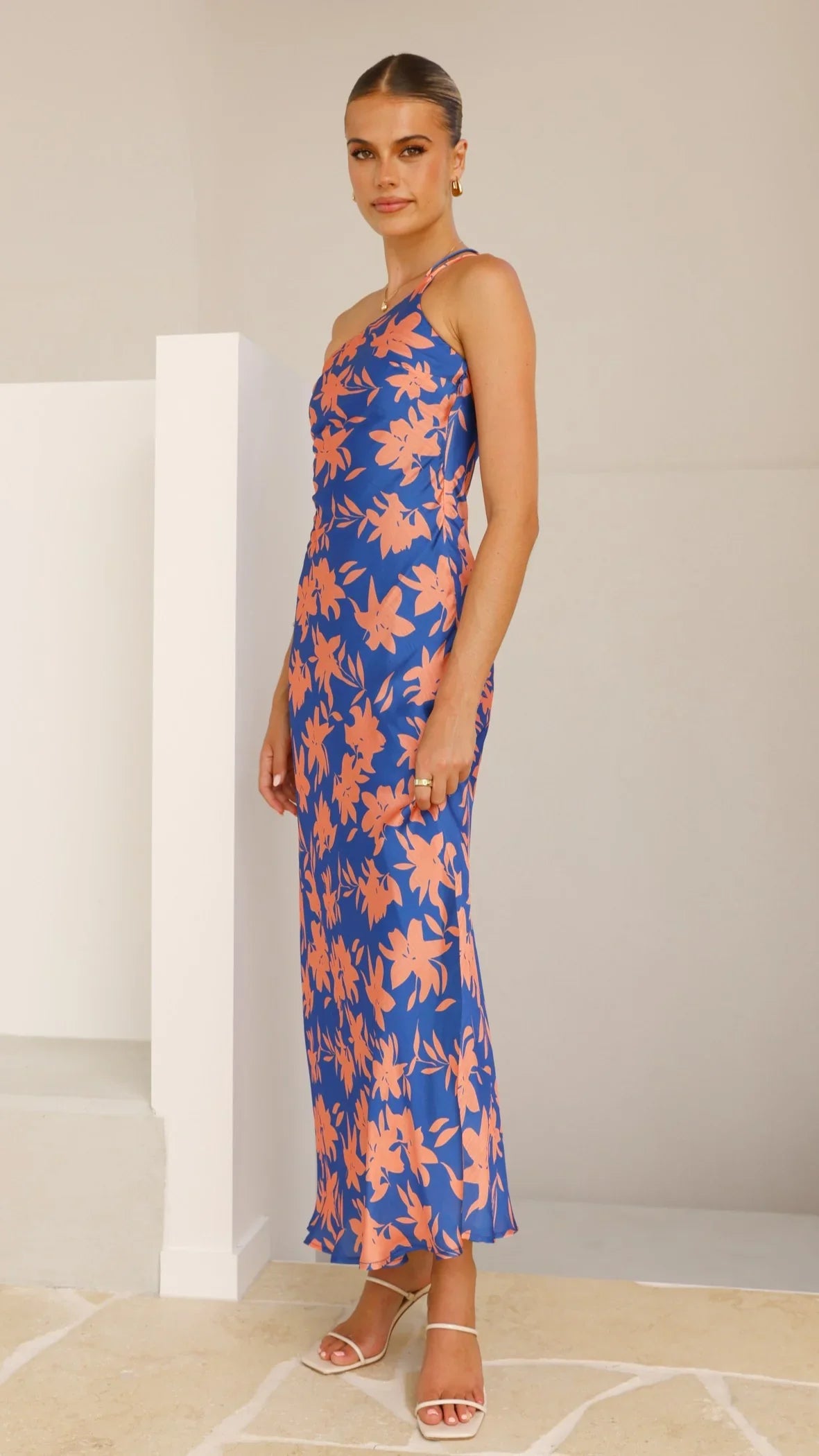 Verity One Shoulder Maxi Dress Orange Blue Floral