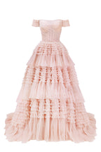 Misty Rose Off The Shoulder Frill Layered Gown