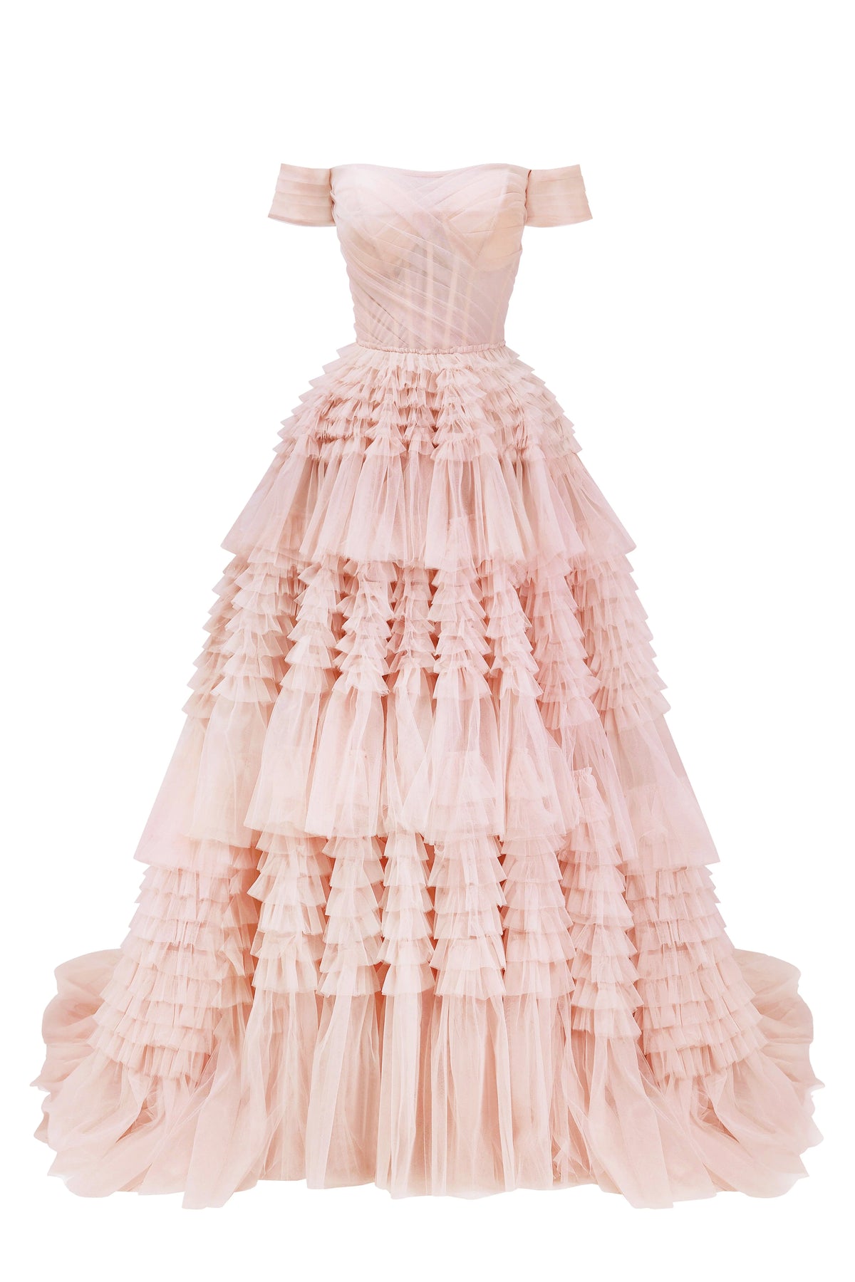 Misty Rose Off The Shoulder Frill Layered Gown