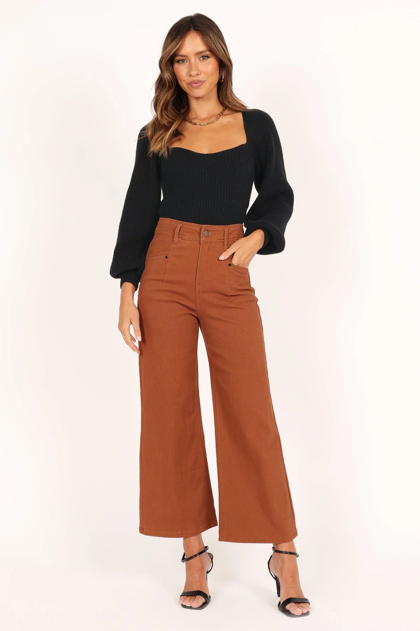 Gia Sweetheart Neck Bell Sleeve Knit Sweater Black